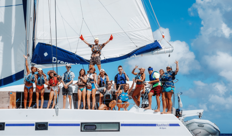 High school students on catamaran during Caribbean 21 day scuba and sailing voyage