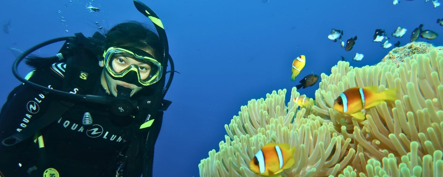 High school student diving underwater near anemone and clownfish on Red Sea summer dive program